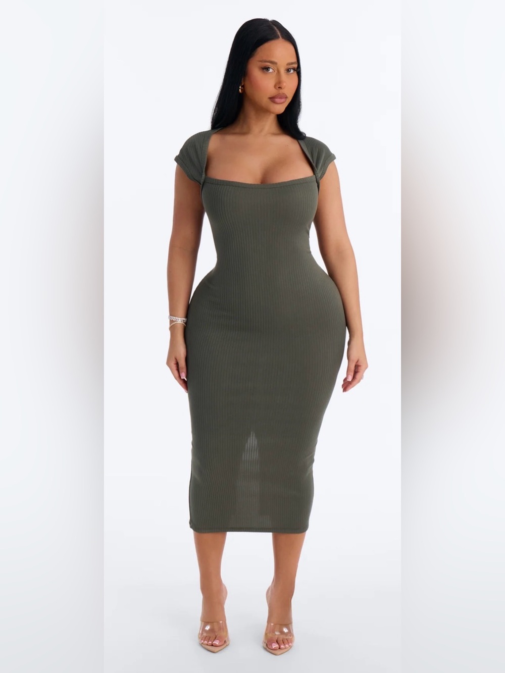 Ribbed Olive Green Bodycon Midi Dress